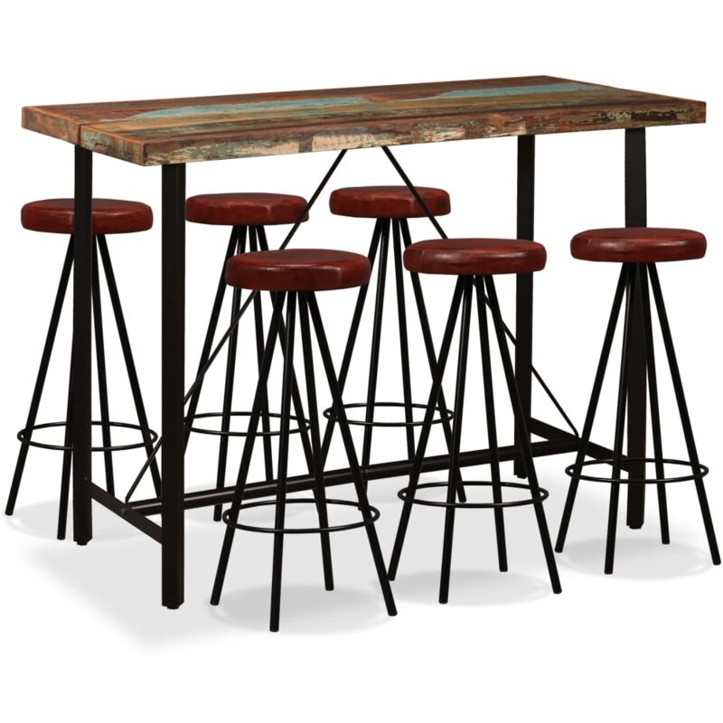 

Set Muebles de Bar Madera Maciza Reciclada Cuero Genuino 7 Piezas - Marrón - Vidaxl