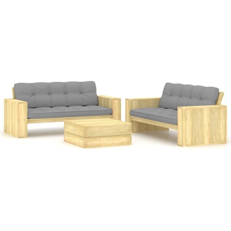 

vidaXL Set muebles de jardín con cojines 3 pzas madera pino impregnada - Gris