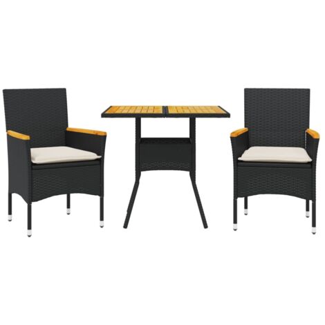 vidaXL Set Pranzo da Giardino 3 pz con Cuscini Nero Polyrattan Acacia
