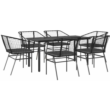 vidaXL Set Pranzo da Giardino 7 pz Nero con Cuscini Polyrattan Vetro