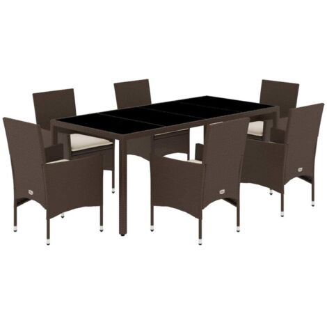 vidaXL Set Pranzo da Giardino 7pz con Cuscini Marrone Polyrattan Vetro