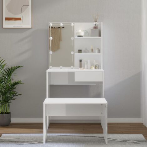 vidaXL Set Tavolo da Toeletta Bianco Lucido con LED Legno Multistrato