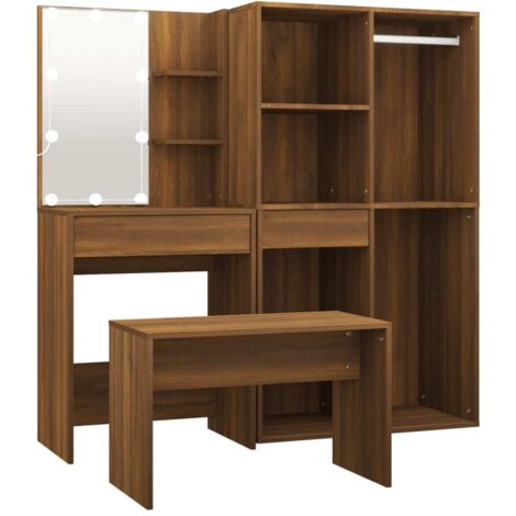 vidaXL Set Tavolo da Toeletta con LED Rovere Marrone Legno Multistrato