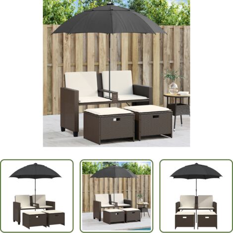 vidaXL Sgabelli da giardino -  Divano Giardino 2Posti Ombrellone e Sgabelli Marrone Polyrattan