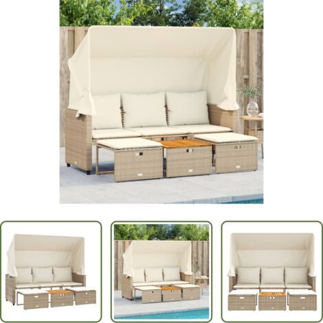 vidaXL Sgabelli da giardino -  Divano Giardino 3 Posti Baldacchino e Sgabelli Beige Polyrattan