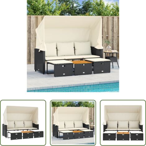 vidaXL Sgabelli da giardino -  Divano Giardino 3 Posti Baldacchino e Sgabelli Nero Polyrattan