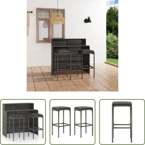 vidaXL Sgabelli da giardino -  Set Bar da Giardino 3 pz con Cuscini Grigio