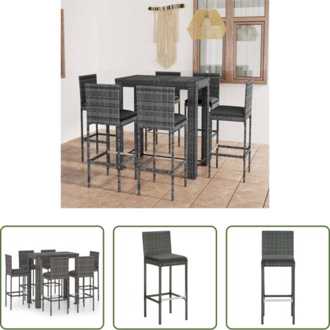 vidaXL Sgabelli da giardino -  Set Bar da Giardino 7 pz con Cuscini in Polyrattan Grigio
