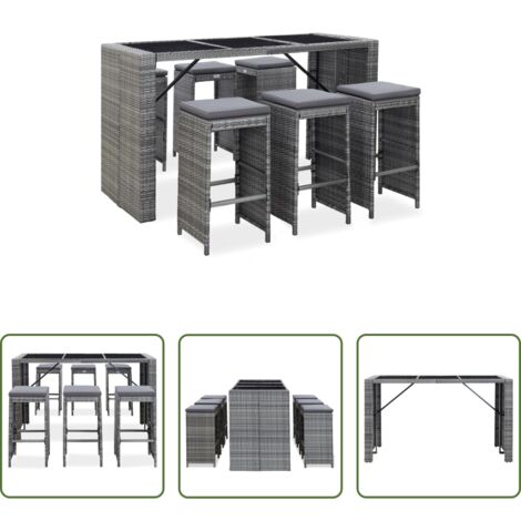 vidaXL Sgabelli da giardino -  Set da Bar da Giardino 7 pz con Cuscini in Polyrattan Grigio