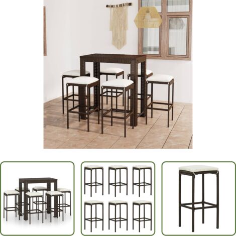 vidaXL Sgabelli da giardino -  Set da Bar da Giardino 7 pz con Cuscini in Polyrattan Marrone