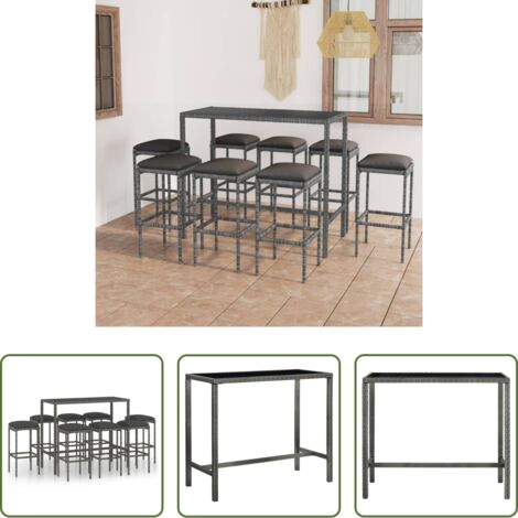 vidaXL Sgabelli da giardino -  Set da Bar da Giardino 9 pz con Cuscini in Polyrattan Grigio