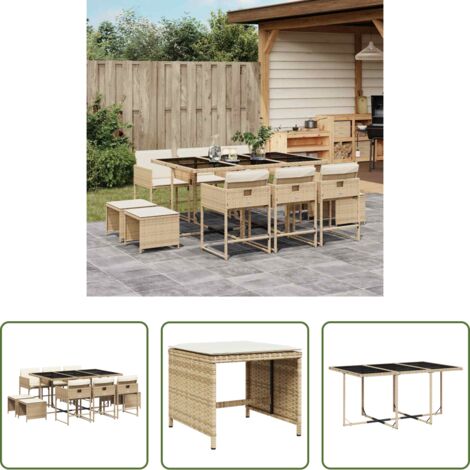vidaXL Sgabelli da giardino -  Set da Pranzo da Giardino 11 pz con Cuscini Beige in Polyrattan
