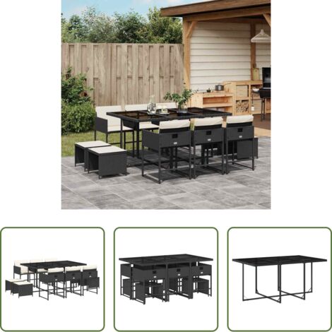 vidaXL Sgabelli da giardino -  Set da Pranzo da Giardino 11 pz con Cuscini in Polyrattan Nero