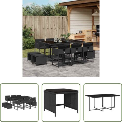 vidaXL Sgabelli da giardino -  Set da Pranzo da Giardino 11 pz con Cuscini in Polyrattan Nero
