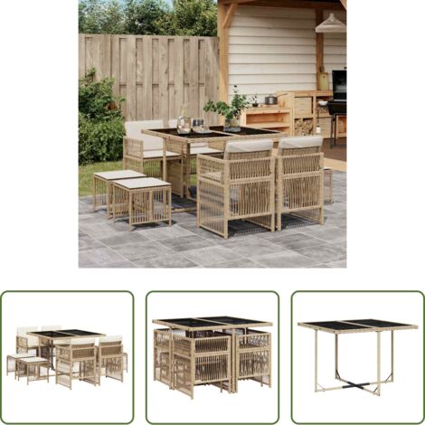 vidaXL Sgabelli da giardino -  Set da Pranzo da Giardino 9 pz con Cuscini Beige in Polyrattan