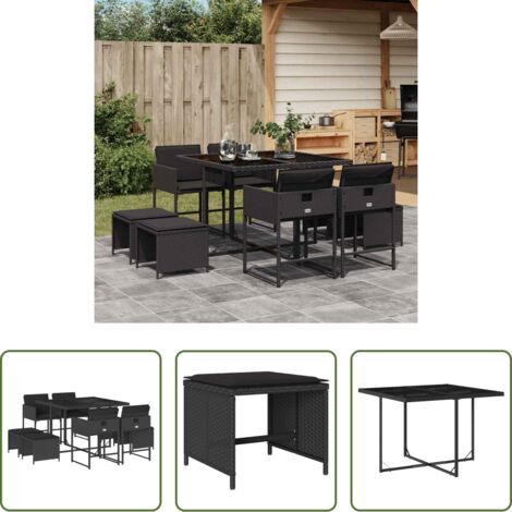 vidaXL Sgabelli da giardino -  Set da Pranzo da Giardino 9 pz con Cuscini Nero in Polyrattan