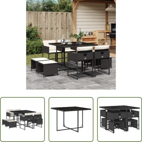 vidaXL Sgabelli da giardino -  Set da Pranzo da Giardino 9 pz con Cuscini Nero in Polyrattan