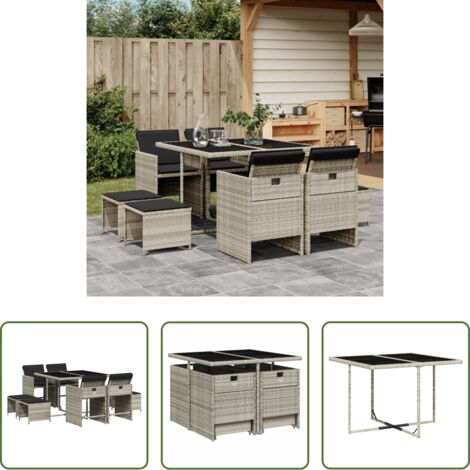 vidaXL Sgabelli da giardino -  Set Pranzo da Giardino 9pz con Cuscini Grigio Chiaro Polyrattan