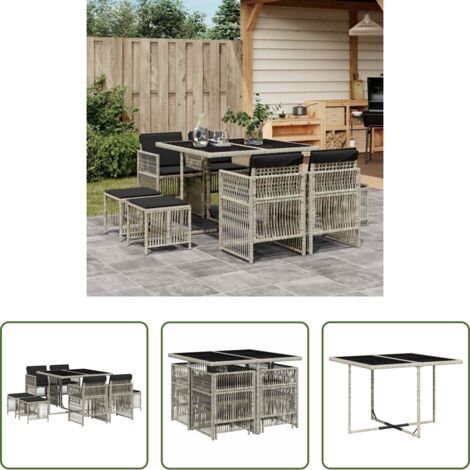 vidaXL Sgabelli da giardino -  Set Pranzo da Giardino 9pz con Cuscini Grigio Chiaro Polyrattan