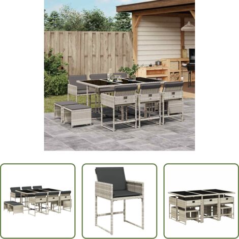 vidaXL Sgabelli da giardino -  Set Pranzo Giardino 11pz con Cuscini Grigio Chiaro Polyrattan