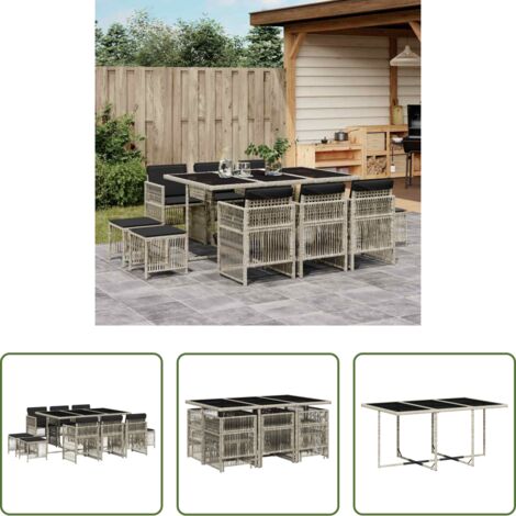 vidaXL Sgabelli da giardino -  Set Pranzo Giardino 11pz con Cuscini Grigio Chiaro Polyrattan