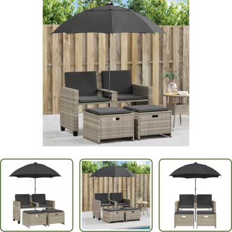 vidaXL Sgabelli -  Divano 2Posti Ombrellone e Sgabelli Grigio Chiaro Polyrattan