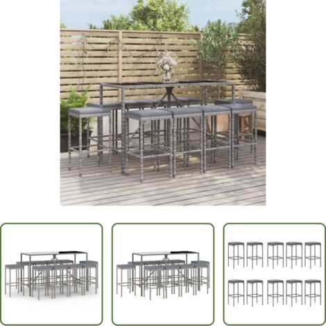 vidaXL Sgabello da bar -  Set Bar da Giardino 11 pz con Cuscini in Polyrattan Grigio