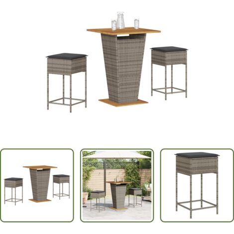 vidaXL Sgabello da bar -  Set Bar da Giardino 3pz con Cuscini Grigio in Polyrattan