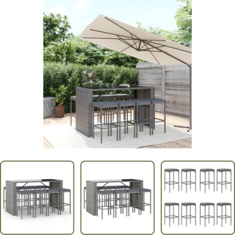 vidaXL Sgabello da bar -  Set Bar da Giardino 9 pz con Cuscini in Polyrattan Grigio