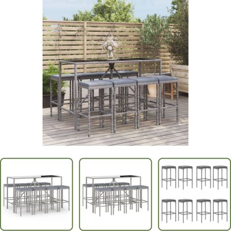vidaXL Sgabello da bar -  Set Bar da Giardino 9 pz con Cuscini in Polyrattan Grigio