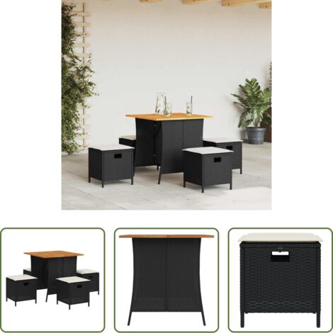 vidaXL Sgabello da giardino -  Set da Pranzo da Giardino 5 pz Nero con Cuscini in Polyrattan