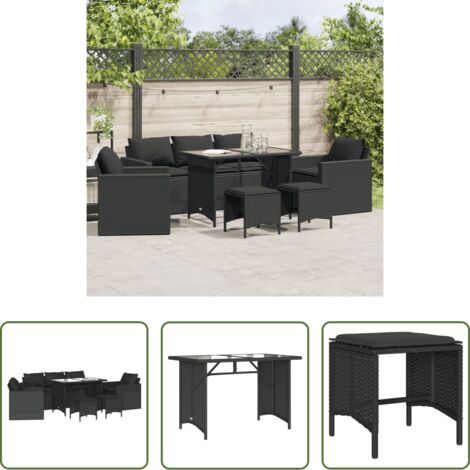 vidaXL Sgabello da giardino -  Set Divano da Giardino 6 pz con Cuscini Nero in Polyrattan