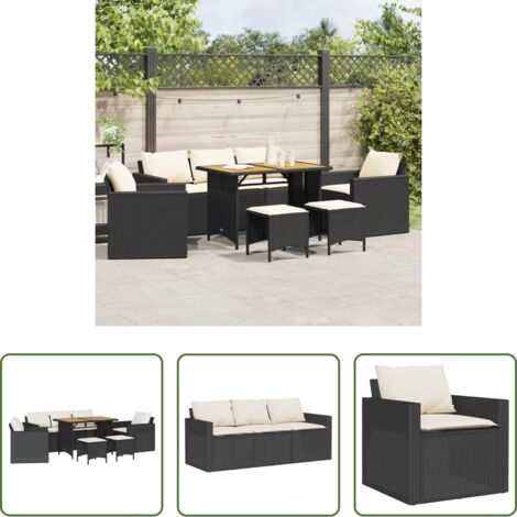 vidaXL Sgabello da giardino -  Set Divano da Giardino 6 pz con Cuscini Nero in Polyrattan