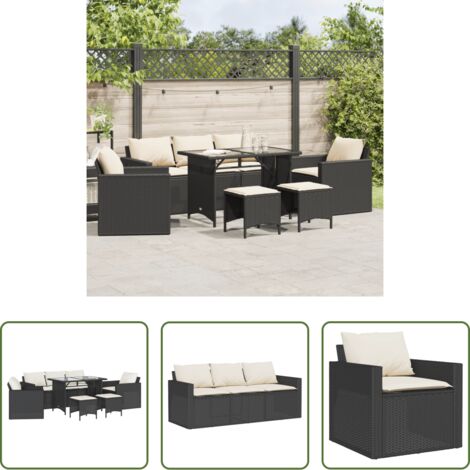 vidaXL Sgabello da giardino -  Set Divano da Giardino 6 pz con Cuscini Nero in Polyrattan