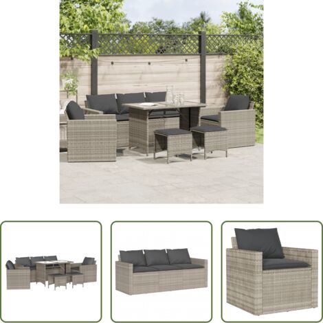 vidaXL Sgabello da giardino -  Set Divano da Giardino 6pz con Cuscini Grigio Chiaro Polyrattan