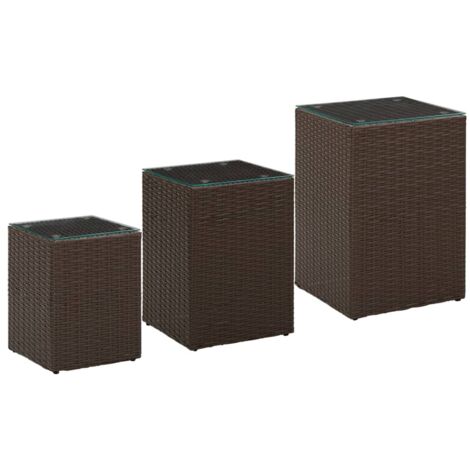 vidaXL Side Tables 3 pcs with Glass Top Brown Poly Rattan