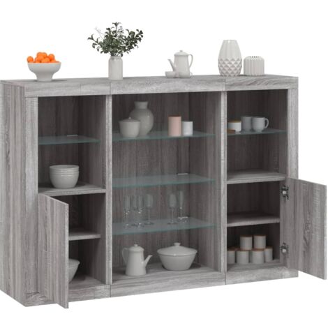 vidaXL Sideboards mit LED-Leuchten 3 Stk. Grau Sonoma Holzwerkstoff