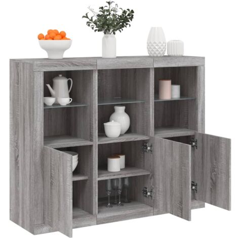 vidaXL Sideboards mit LED-Leuchten 3 Stk. Grau Sonoma Holzwerkstoff