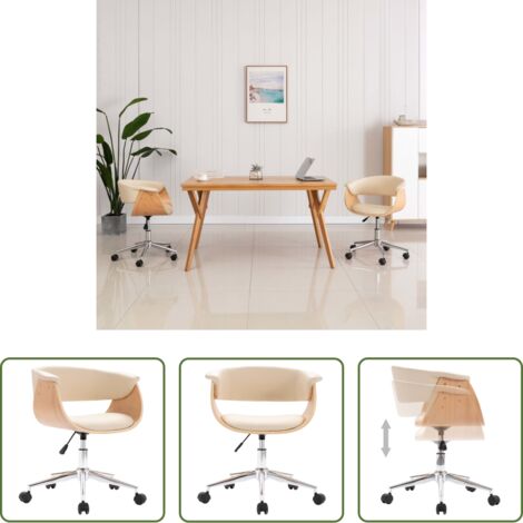 vidaXL Silla de comedor -  Silla de oficina giratoria madera curvada cuero sintético crema