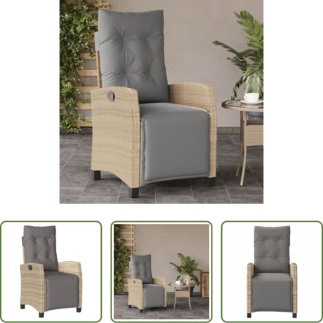 vidaXL Silla de jardín con respaldo ajustable -  Sillón reclinable de jardín con reposapiés ratán PE beige mixto