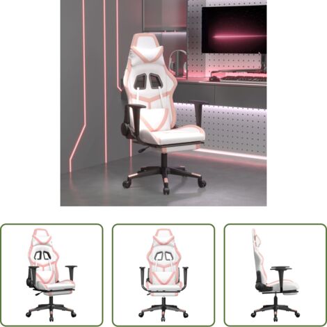 vidaXL Silla de juego -  Silla gaming con reposapiés cuero sintético blanco y rosa