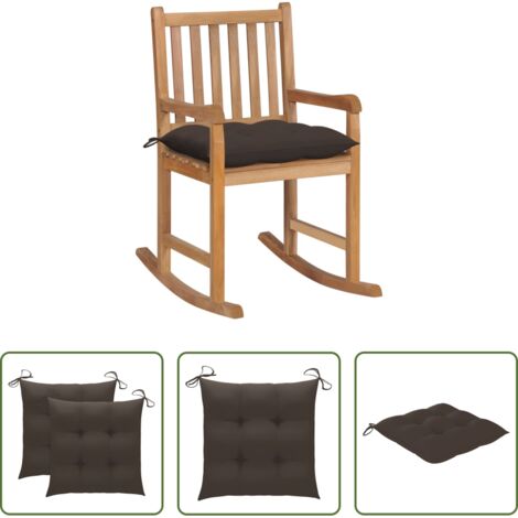 vidaXL Silla de madera de teca -  Silla mecedora de madera maciza de teca con cojín gris taupe