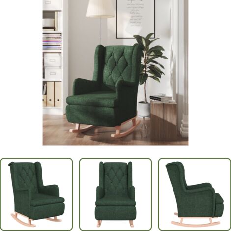 vidaXL Silla de madera -  Sillón con patas mecedoras madera de caucho tela verde oscuro