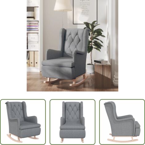 vidaXL Silla de madera -  Sillón con patas mecedoras madera maciza caucho tela gris claro