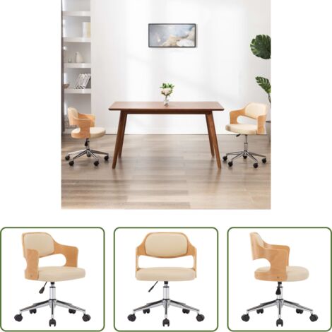 vidaXL Silla de oficina con ruedas -  Silla de oficina giratoria madera curvada cuero sintético crema