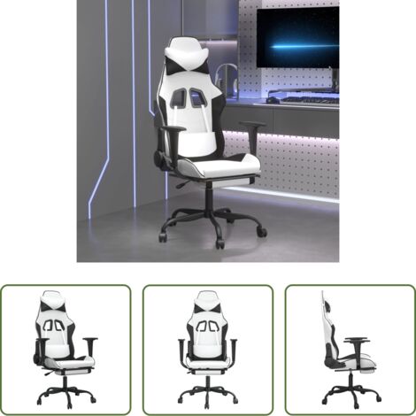 vidaXL Silla de oficina - Silla gaming con reposapiés cuero sintético blanco negro