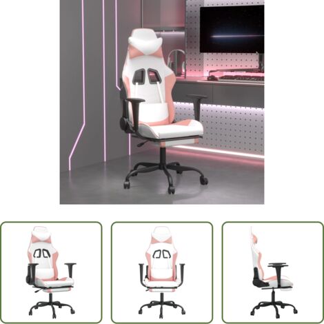 vidaXL Silla de oficina -  Silla gaming con reposapiés cuero sintético blanco y rosa