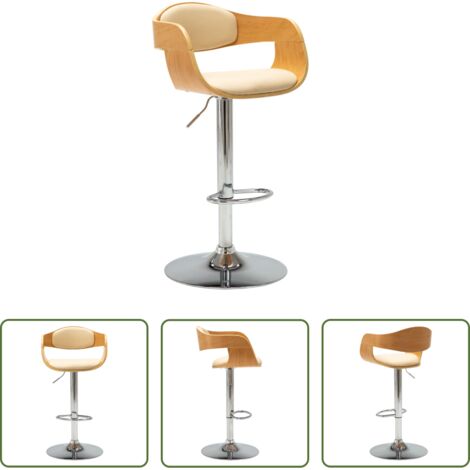 vidaXL Silla ergonómica -  Taburete de cocina de madera curvada y cuero sintético crema