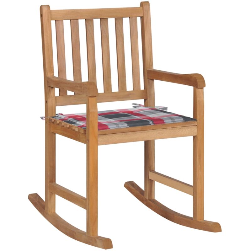 

vidaXL Silla mecedora de madera maciza de teca con cojín a cuadros rojos - Marrón
