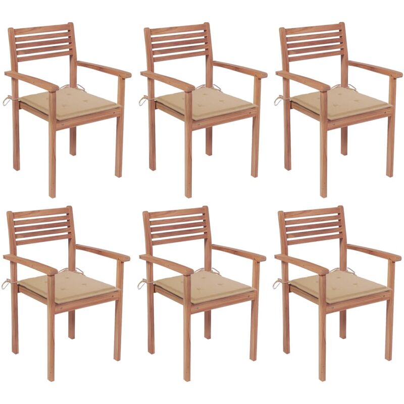 

vidaXL Sillas apilables de jardín 6 uds madera de teca con cojines - Marrón